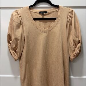 7 For All Mankind Beige Puff Sleeve V-Neck Knit Blouse S 100% Cotton Pullover.
